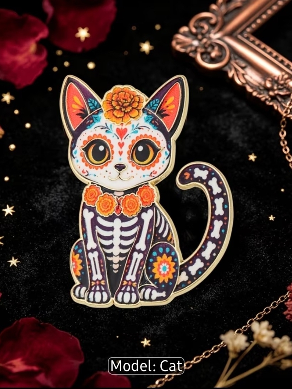 Day of the Dead Cat Enamel Pin - Colorful Purple & Orange Sugar Skull Cat